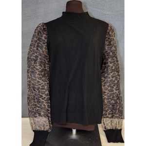 SIONI Sheer Leopard‎ Print Puff Long Sleeve Black Mock Neck Sweater Sz XL